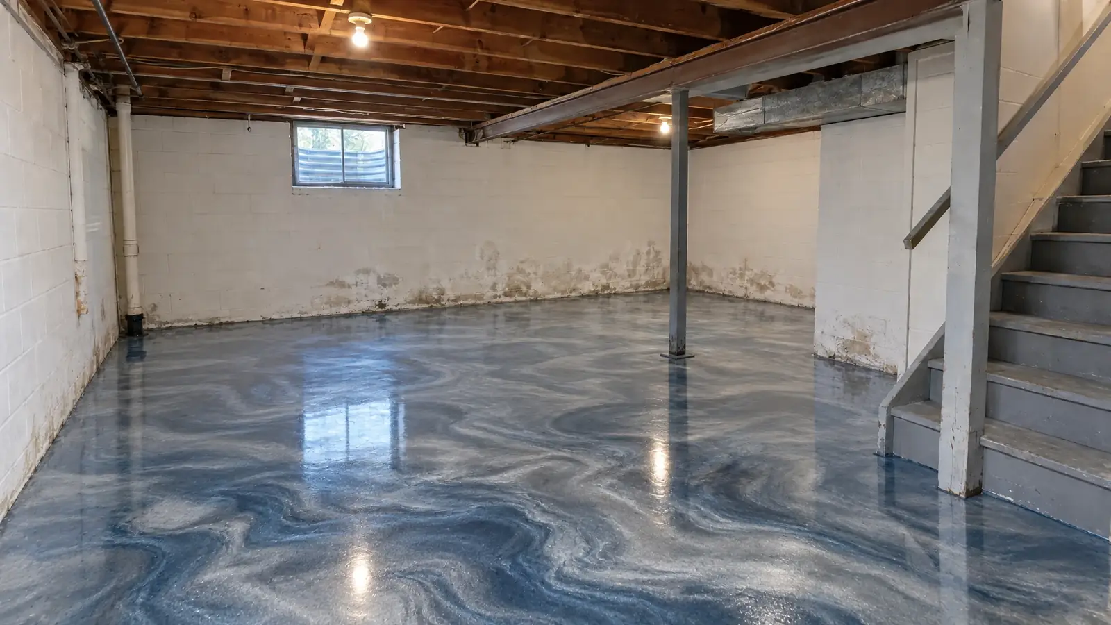 The same basement after installing a metallic blue-gray epoxy floor