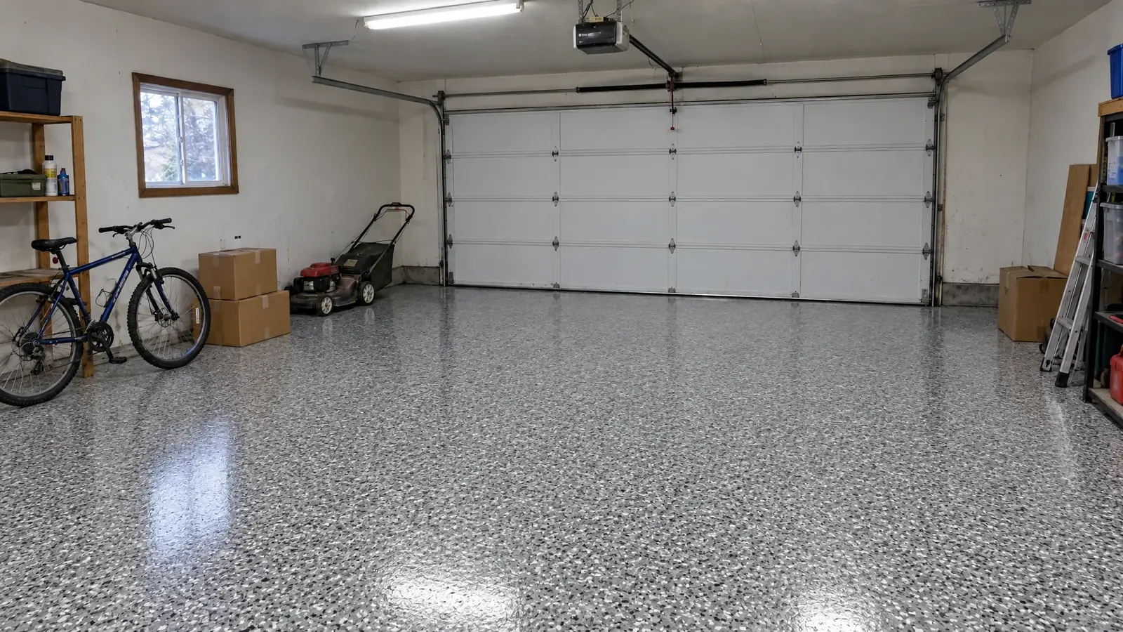 The same two-car garage after installing a full-flake epoxy floor