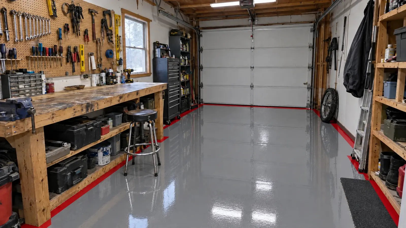 The same workshop garage after installing a solid gray polyaspartic floor with a red border