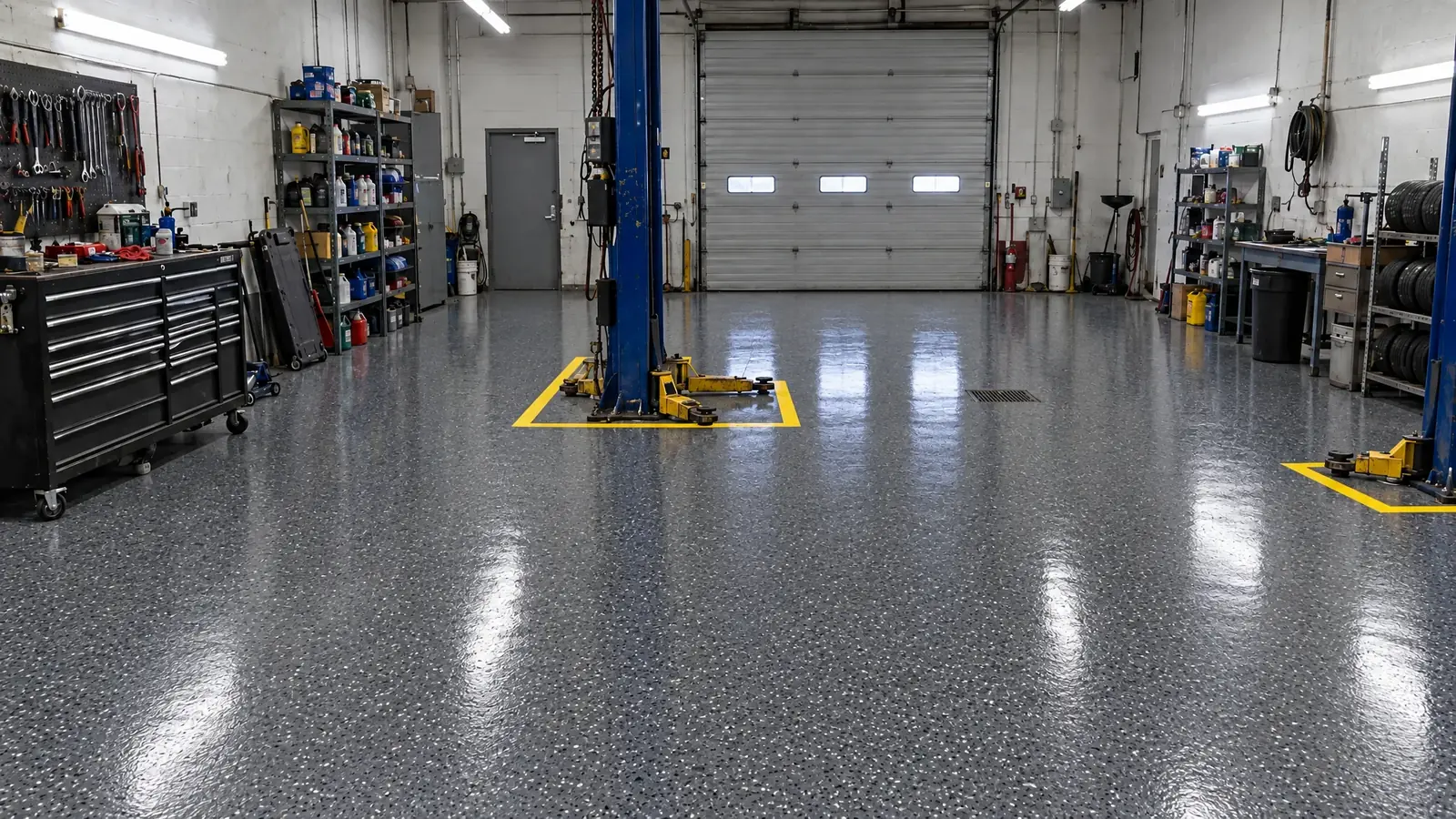 The same auto shop after installing a dark flake chemical-resistant floor