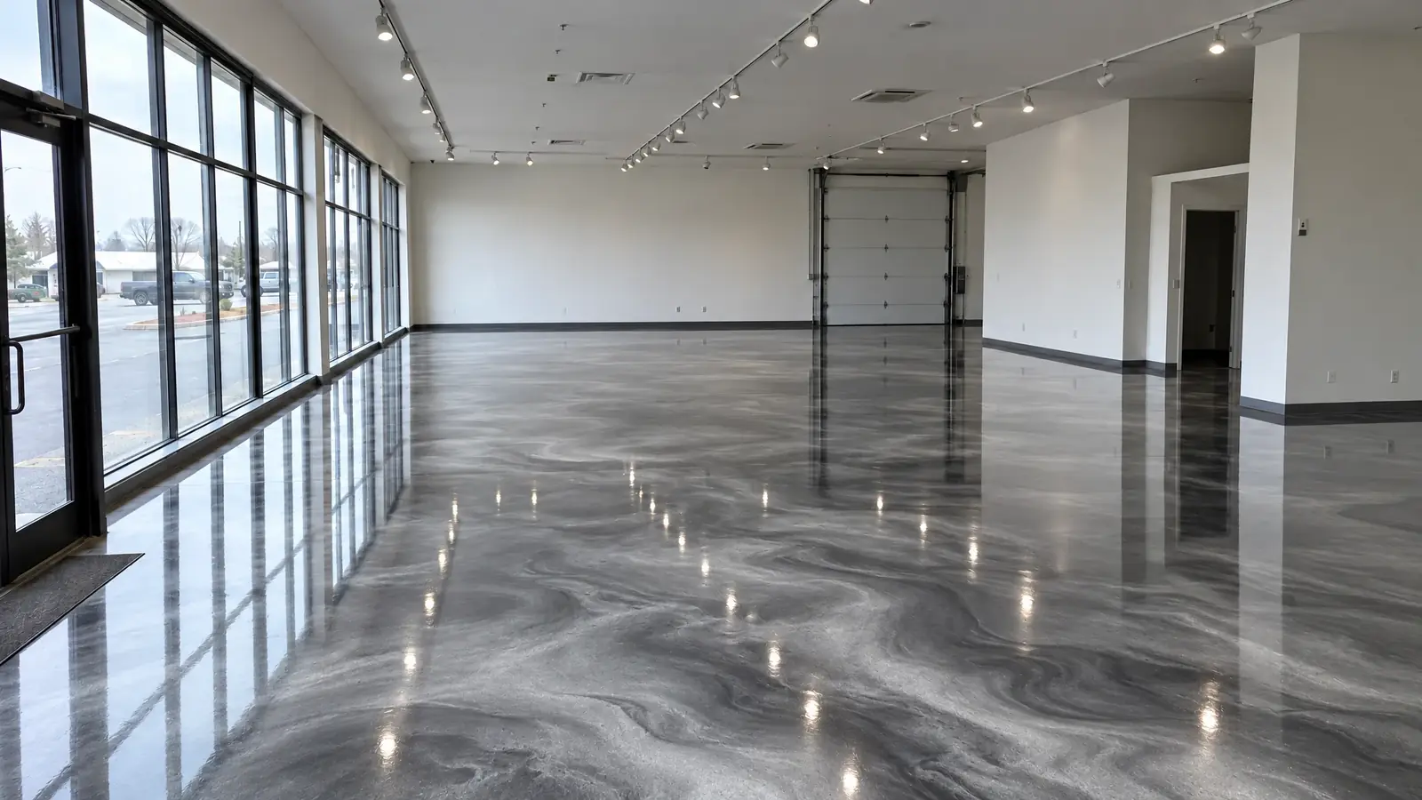 The same showroom after installing a mirror-gloss metallic floor