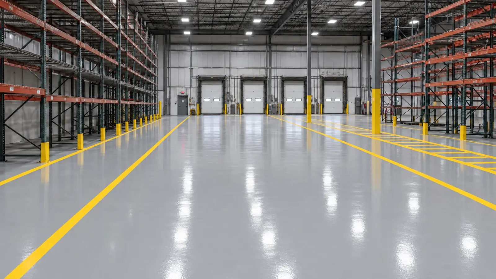 The same warehouse after installing a gray epoxy floor with safety striping