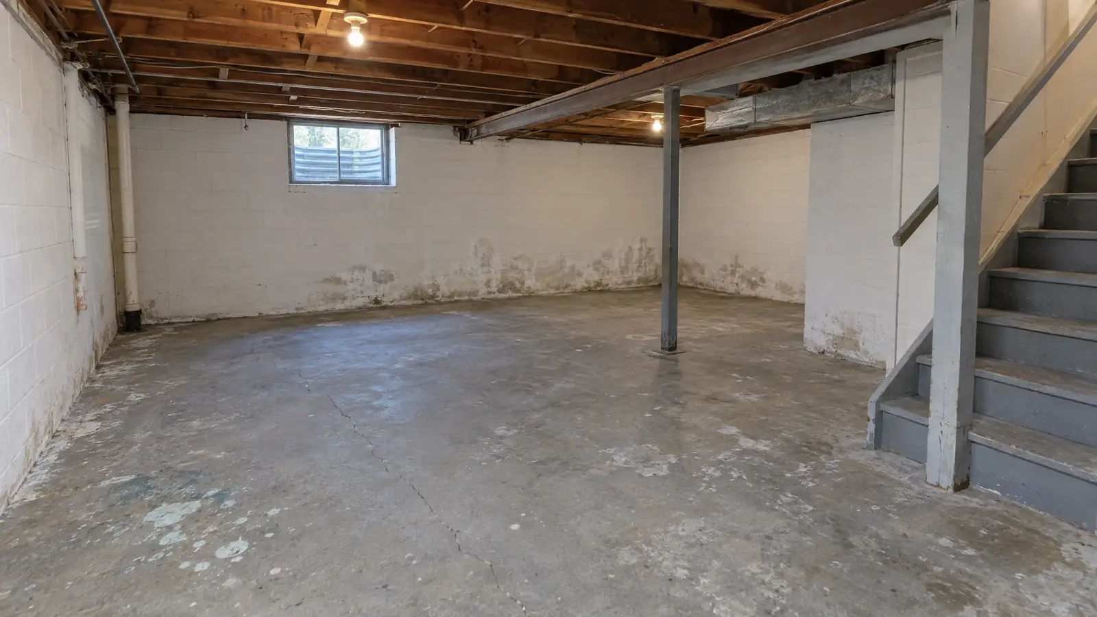 Basement with worn, stained bare concrete before coating