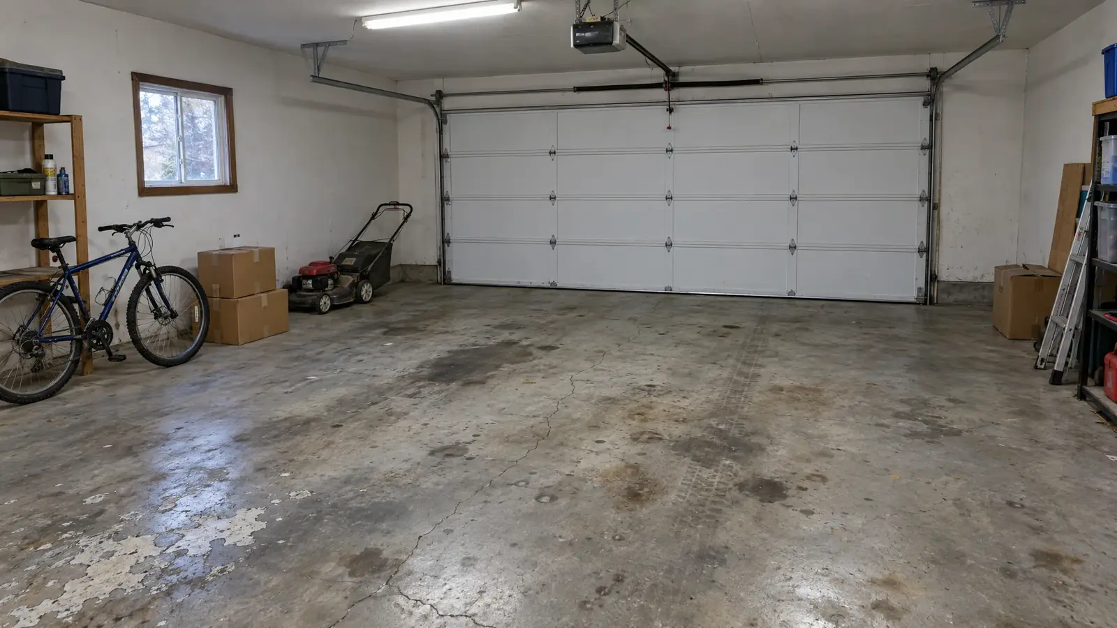 Two-car garage with worn, stained bare concrete before coating