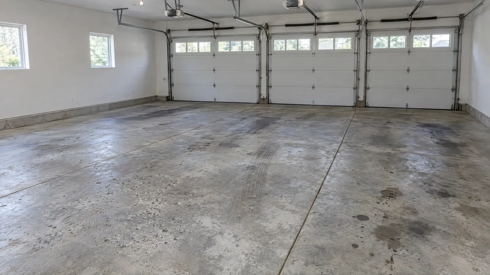 Three-car garage with worn, stained bare concrete before coating