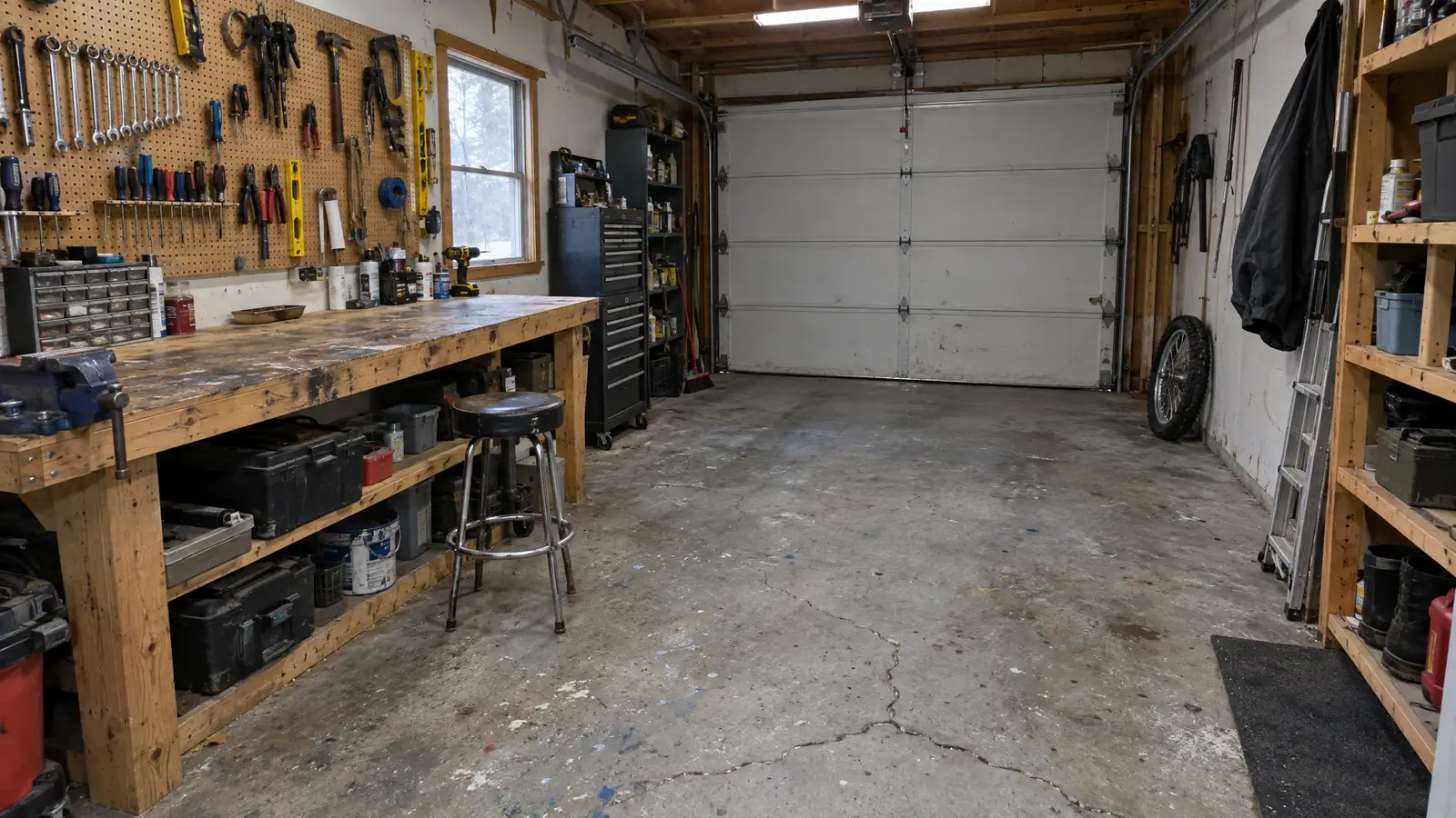 Workshop garage with worn, stained bare concrete before coating