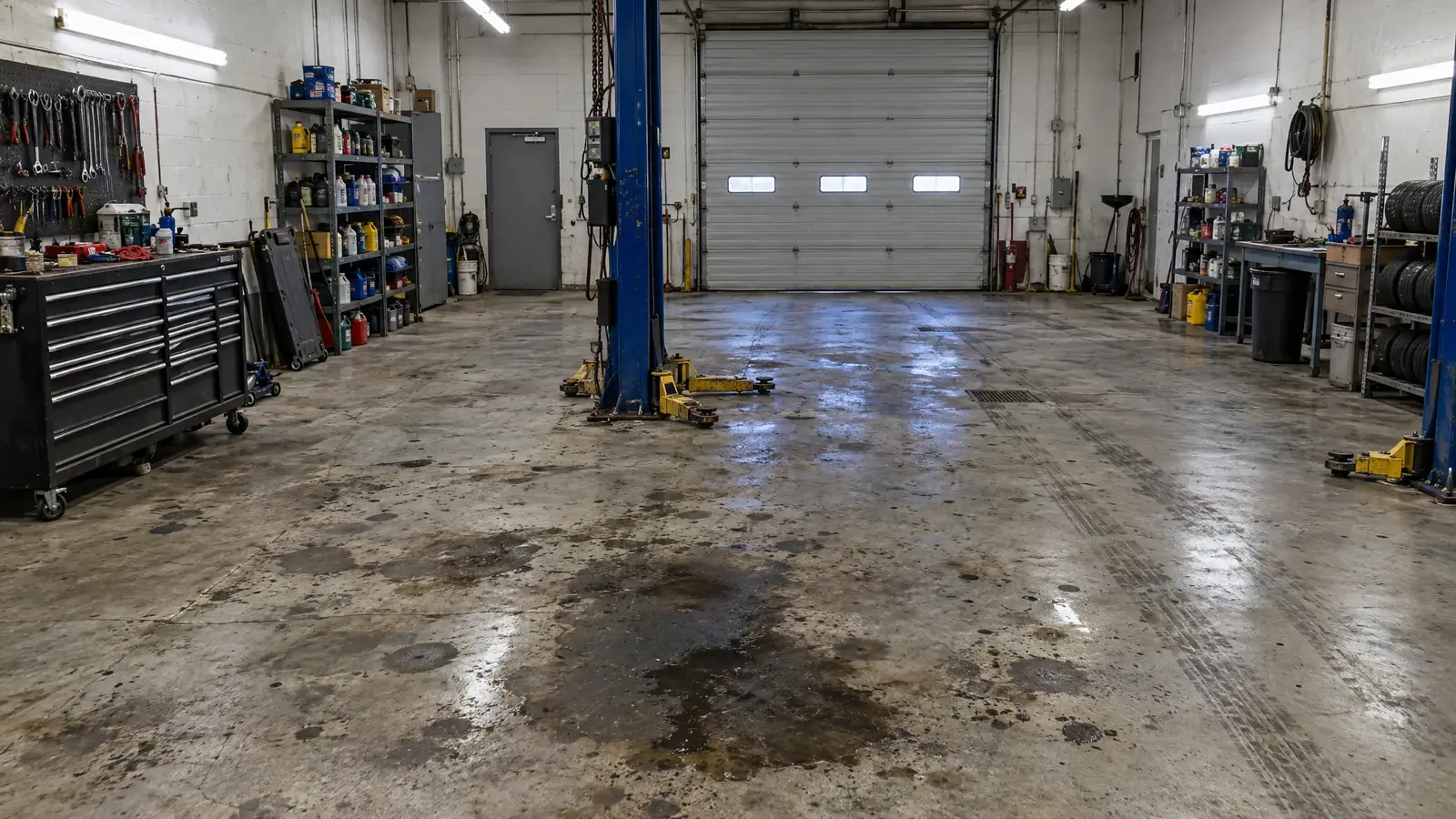 Auto shop with worn, stained bare concrete before coating