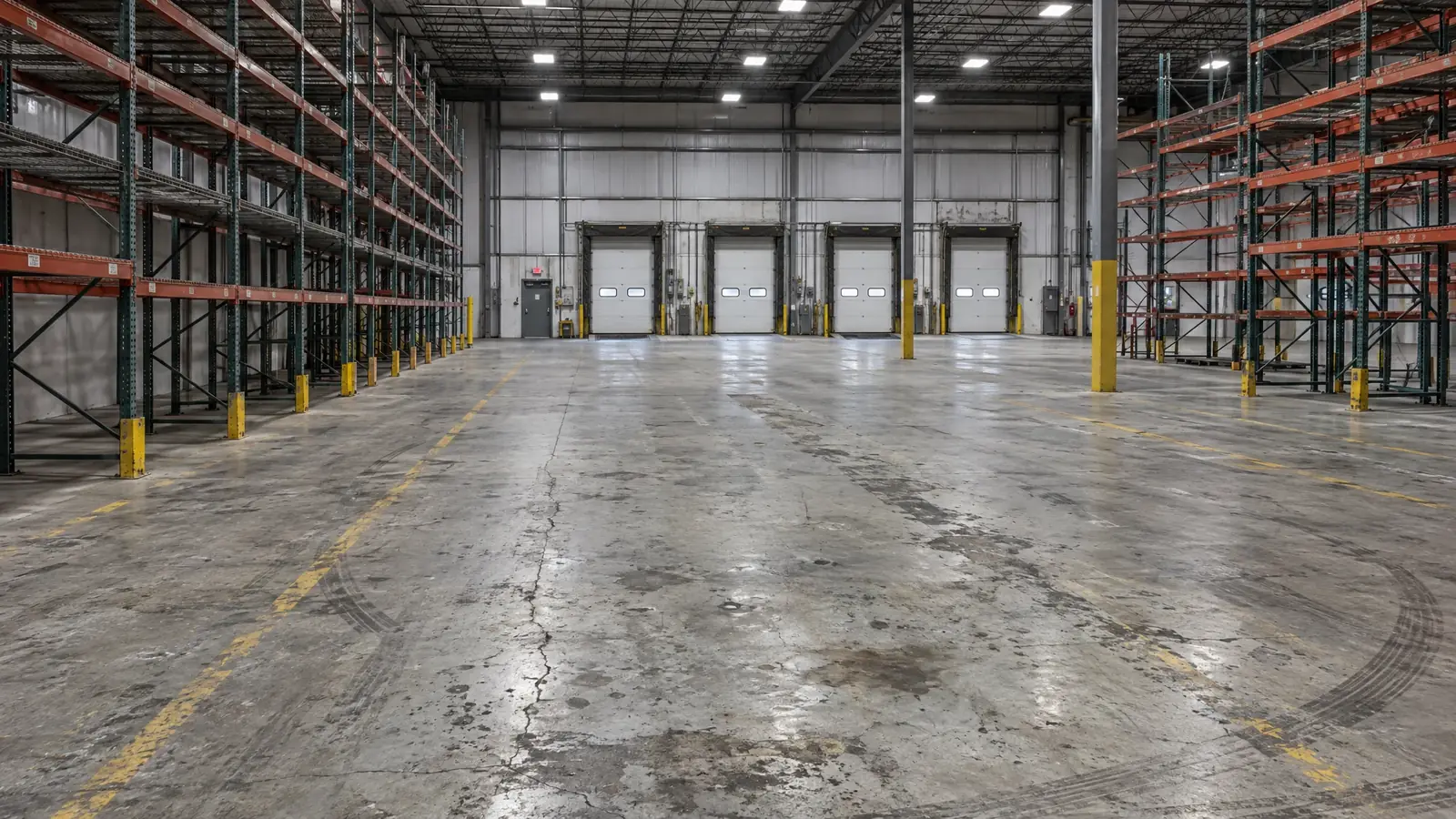 Warehouse with worn, stained bare concrete before coating