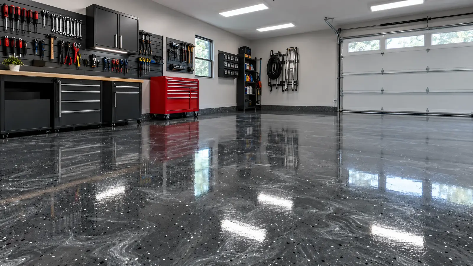 Flake + Metallic garage floor finish