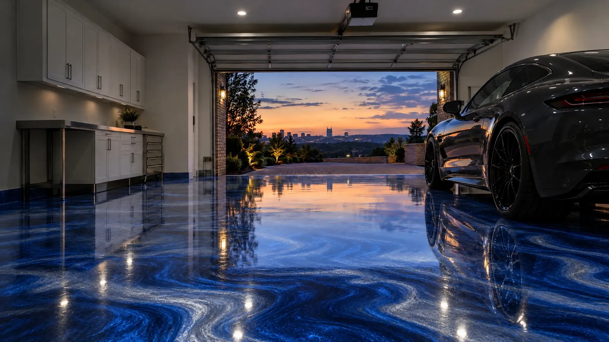 The same garage with a cobalt metallic floor