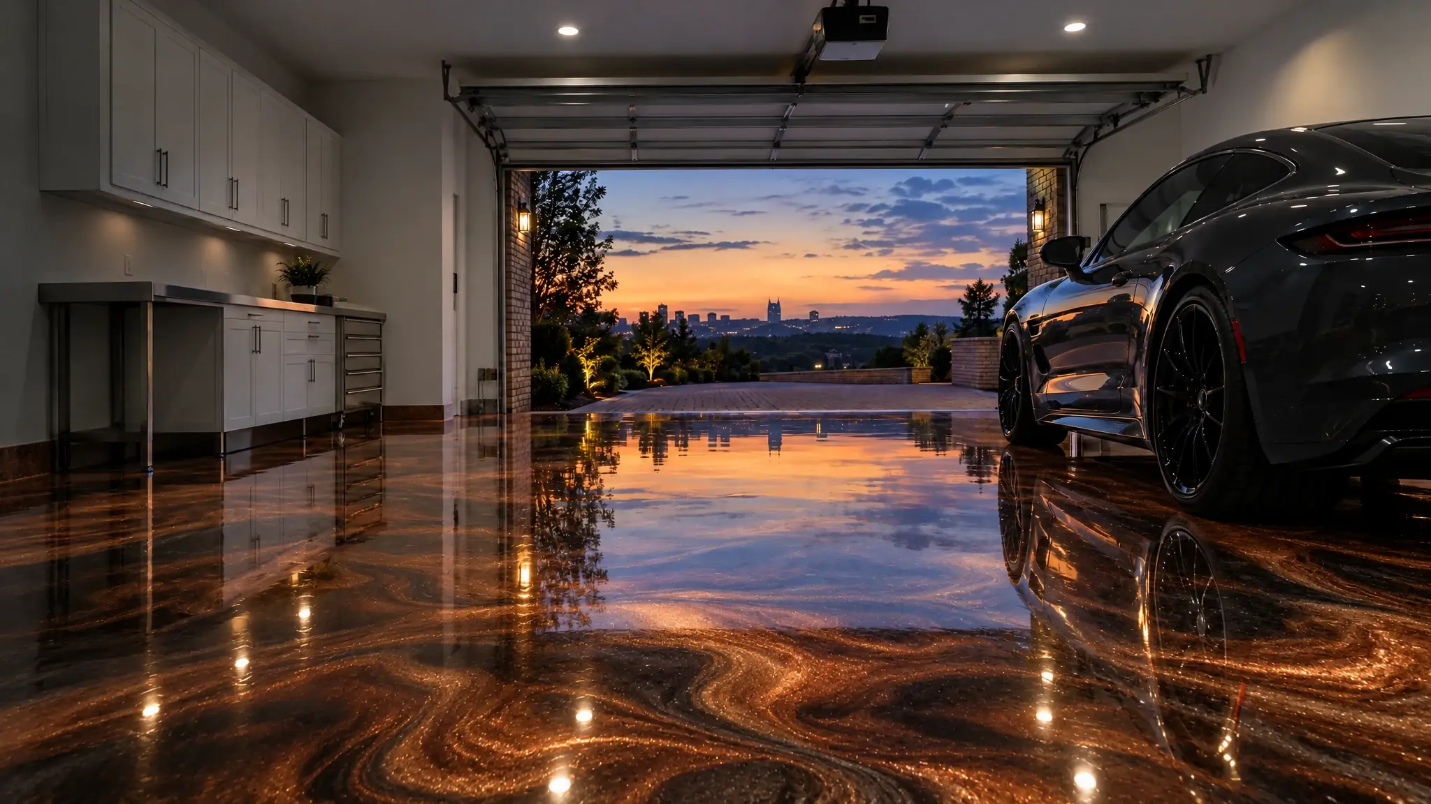 The same garage with a copper metallic floor