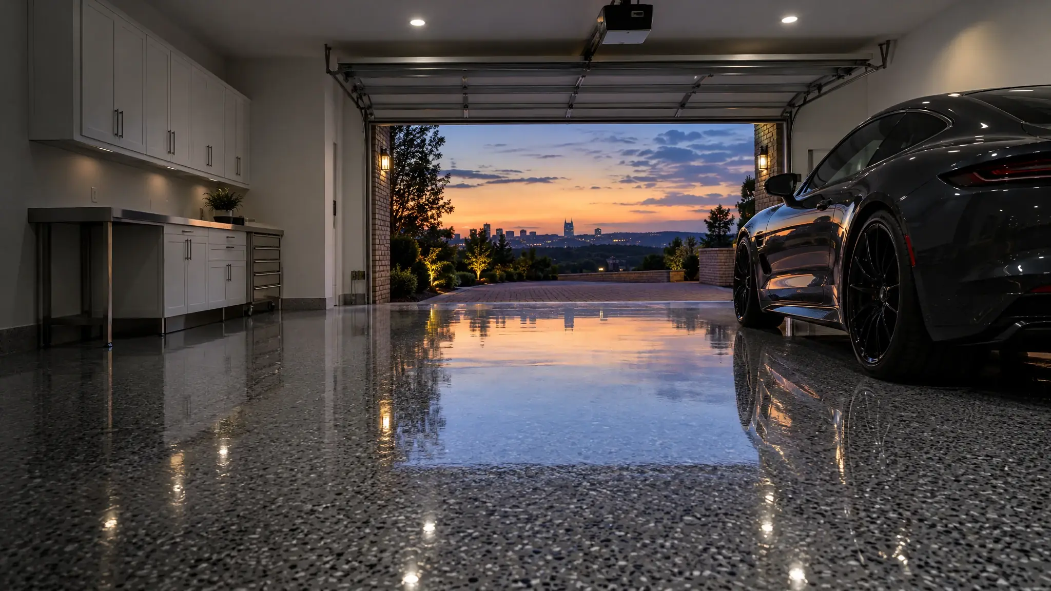 A luxury garage with a high-gloss full-flake epoxy floor in granite gray
