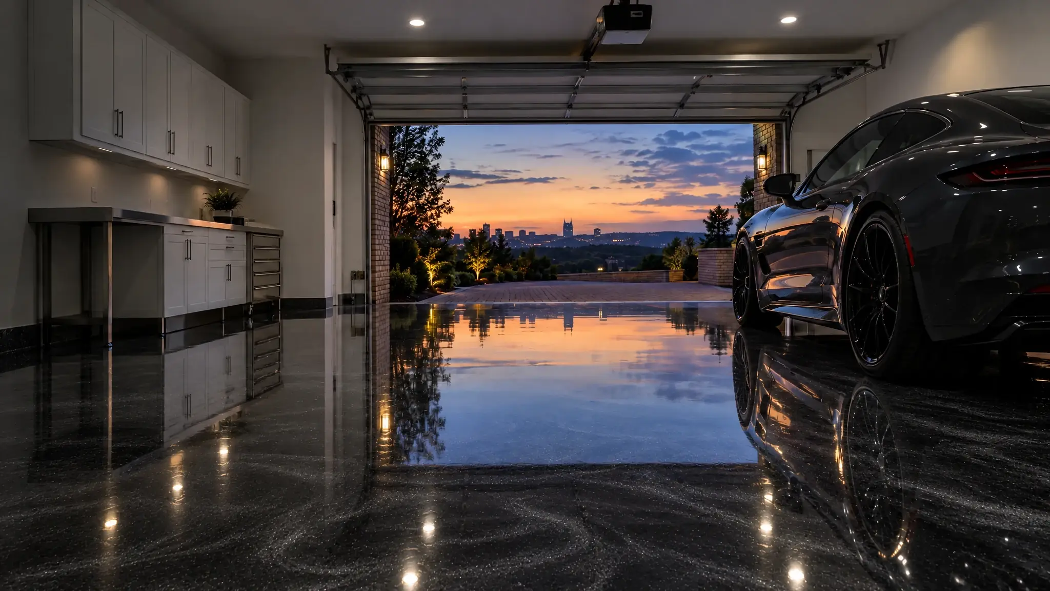 The same garage with a midnight metallic floor
