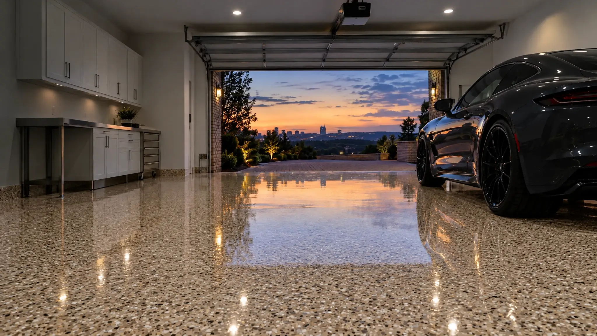 The same garage with a desert sand flake floor
