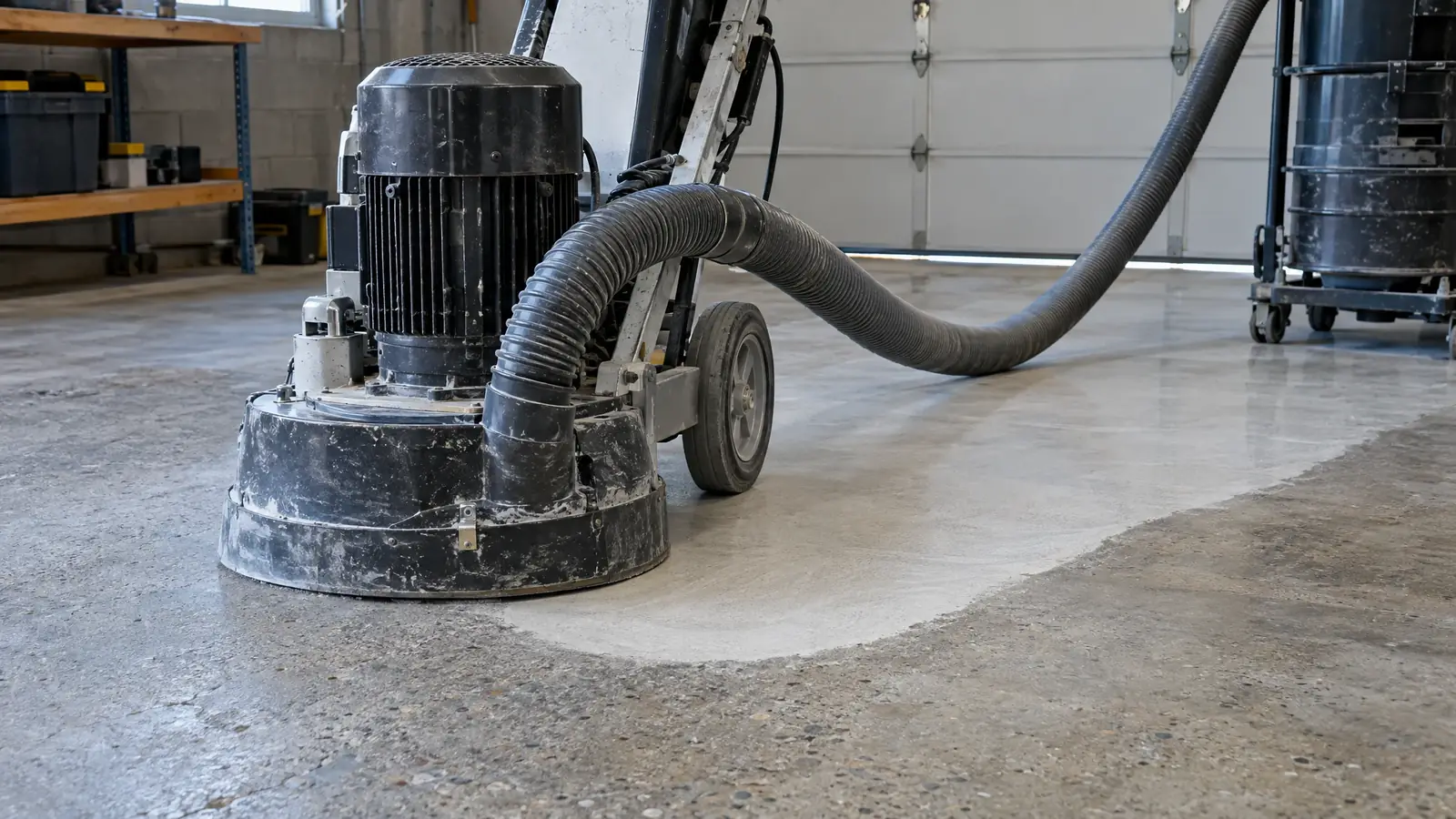 A diamond grinder preparing a concrete garage floor