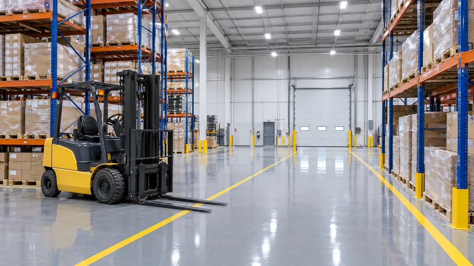 A clean industrial warehouse with a glossy epoxy floor and safety striping